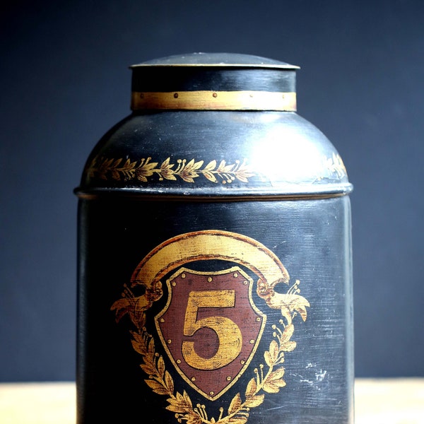 Large Vintage Tea Canister Chinoiserie Tole Shop Display Black & Gold Toleware Antique Style Caddy Storage Container Number 5