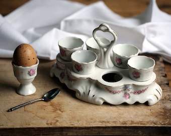 6 Egg Cups Set & Caddy Pink Rose Motif Antique White Porcelain Holder French Breakfast Tableware