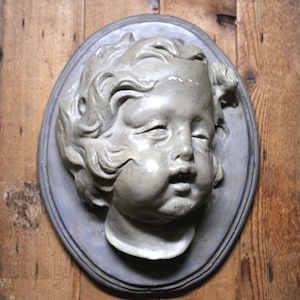 Large Antique Cherub Wall Plaque Angel Face High Relief Cupid Hanging Neoclassical Putti