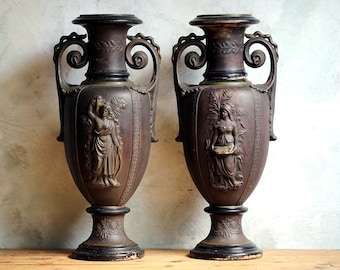 Pair of Antique Mantle Urns Large Ceramic NeoClassical Style Vases