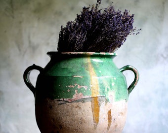 HUGE Antique French Confit Pot Large Jarre Terracotta Crock Green Ceramic Jar Rustic Primitive Urn