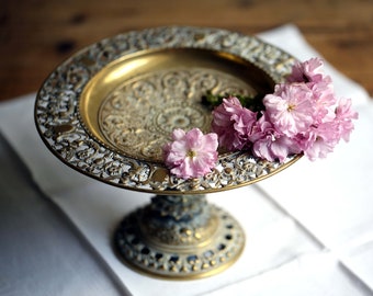 Assiette à gâteau Tazza rococo, bronze antique, socle pour compote, piédestal