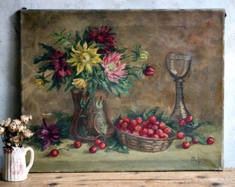 Original Still Life Oil Painting Flowers and Cherries on Canvas Antique Floral Art M.Harry