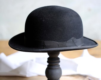 Small Antique Black Bowler Hat English Gentleman's Black Derby Hat Size 55