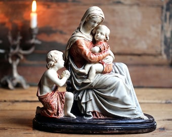 Antique French Memento Mori Chalkware Statue: Madonna, Jesus, Saint John