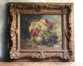 Antique Floral Oil Painting: Georges Jeannin French Still Life, Roses, Framed Canvas Art