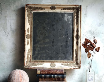 Miroir Antique, France, Cadre en bois et stuc, Miroir baroque Foxed en verre au mercure