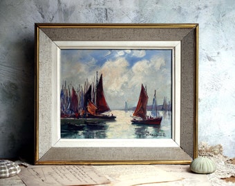 Antique Oil Painting French Seascape Fishing Boats Harbour Scene Costal Landscape Beaumont