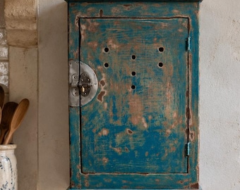 Antique Painted Wooden Cabinet Distressed Teal Blue Wall Cupboard Rustic Country Storage