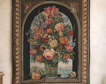 Large Vintage Metrax Belgian Floral Tapestry Wall Hanging Botanical Still Life Traditional European Woven Wall Art