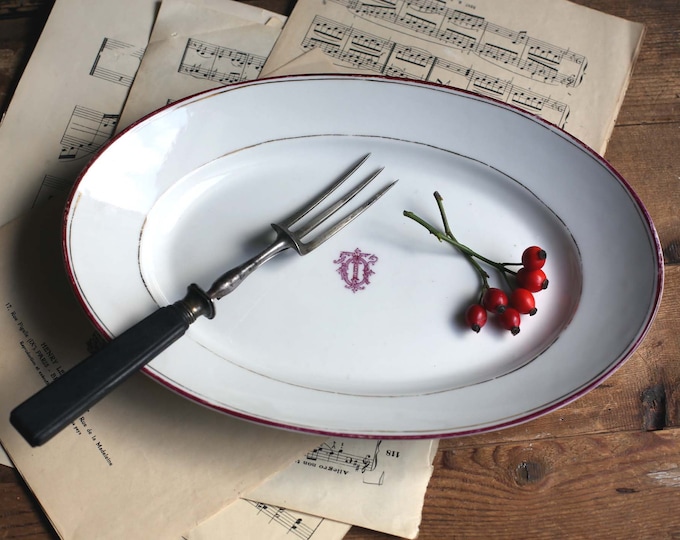 Antique French Monogrammed Serving Plate Large White Red & Gold Porcelain Oval Platter Porcelaine de Paris
