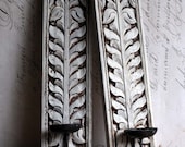 Pair of Carved Wooden Wall Sconces Vintage Wall Mounted White Painted Candle Holders SFV