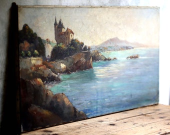 Grande peinture à l'huile originale française scène côtière paysage marin paysage art mural vintage