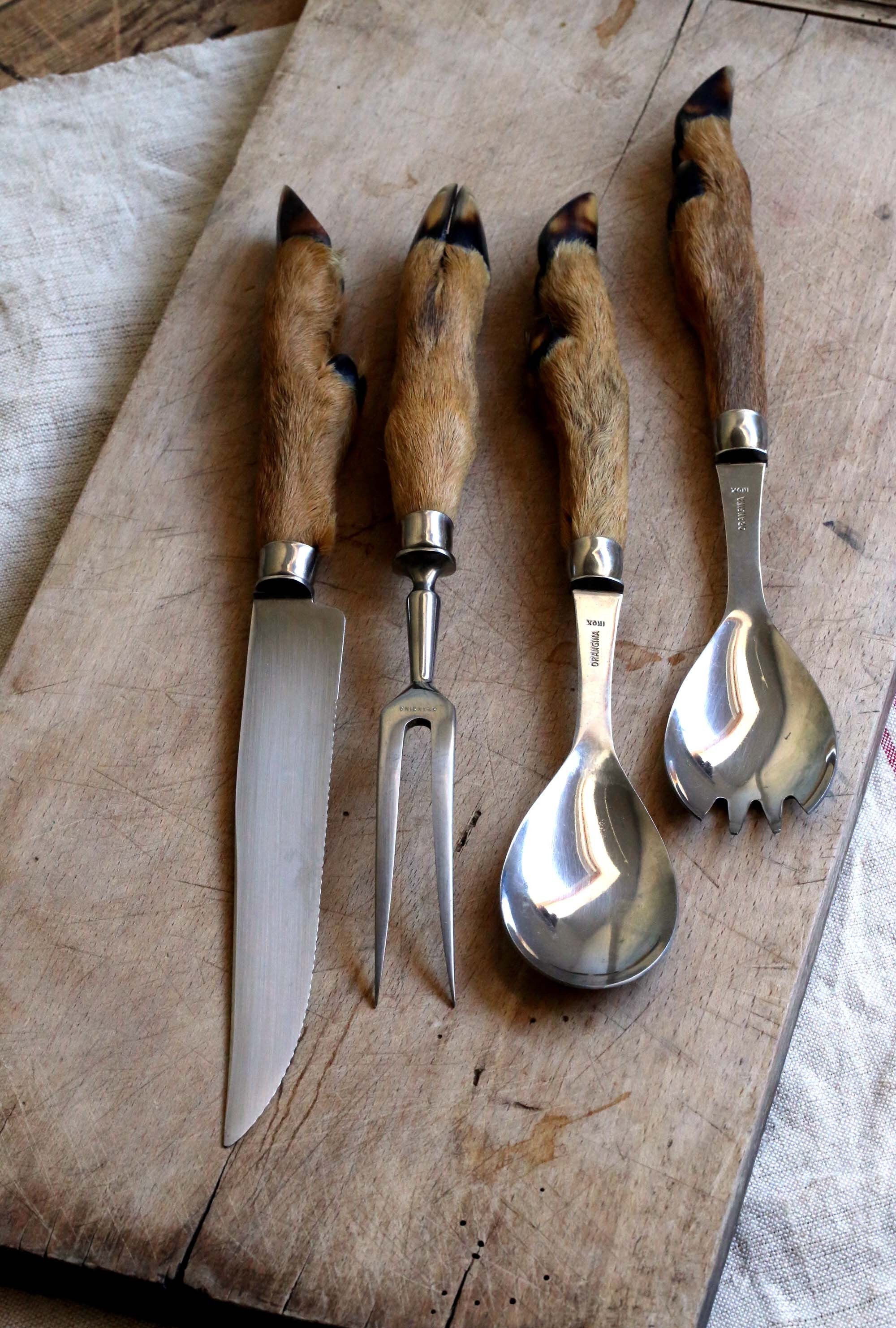 Ensemble de 4 Français Vintage Taxidermie Ustensiles Deer Sabot Poignée Sculpture Couteau & Fourchet