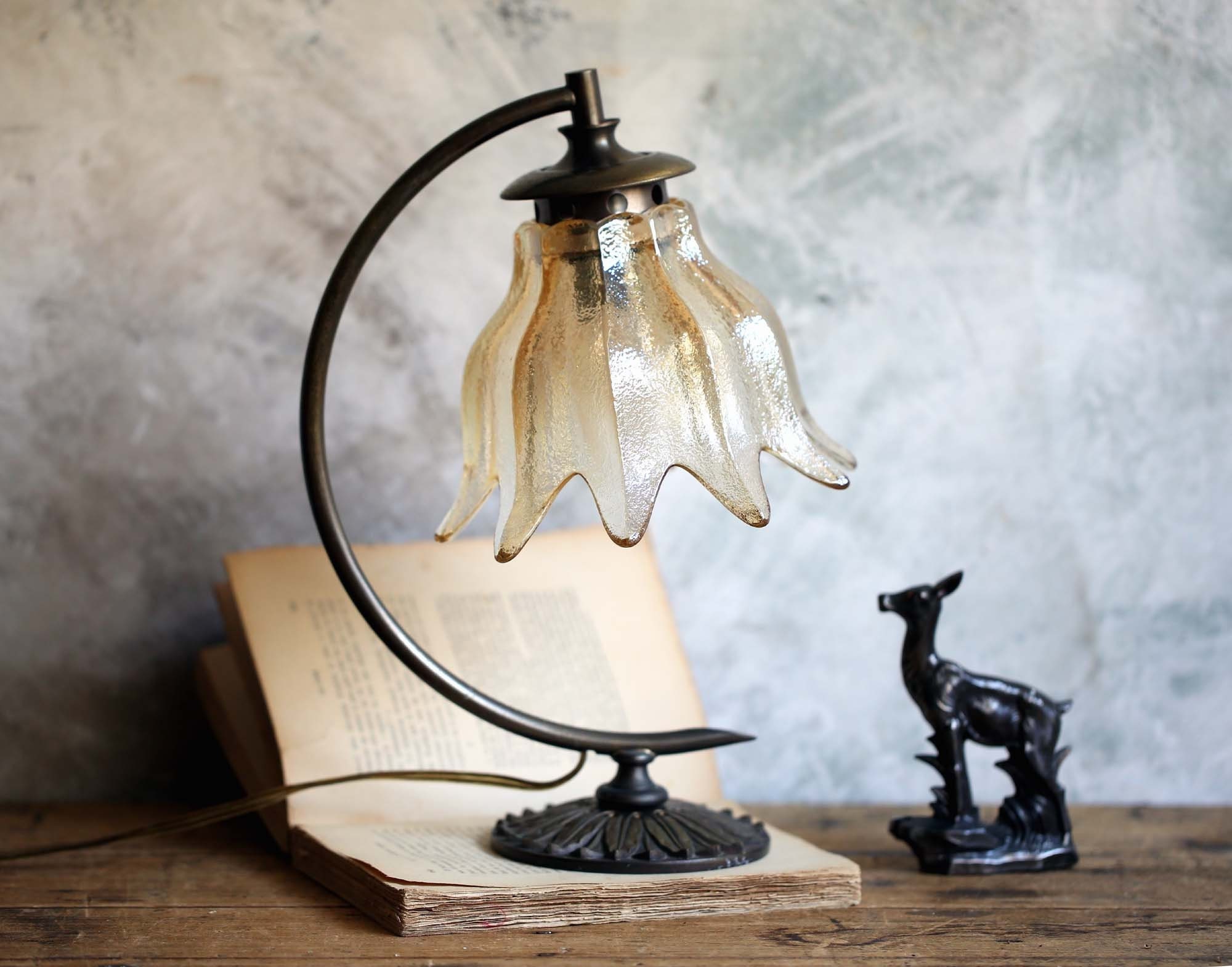 Français Phosphor Bronze Lampe de Bureau avec Abat-Jour en Verre Chevet