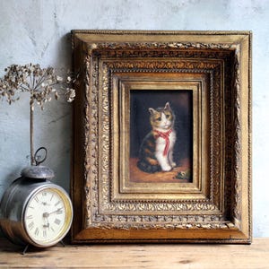Original Kitten Oil Painting Vintage Gilt Frame Cat Art by G Homan