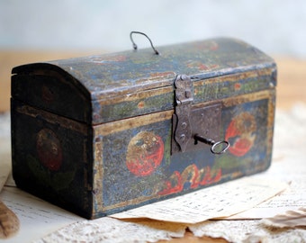 Antique Wedding Box Small 18th Century Hand Painted French Wooden Normandy Folk Art Chest