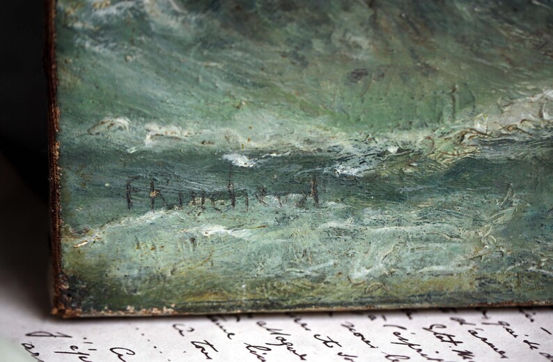 Antique Oil Painting French Seascape Fishing Boats Costal Landscape F