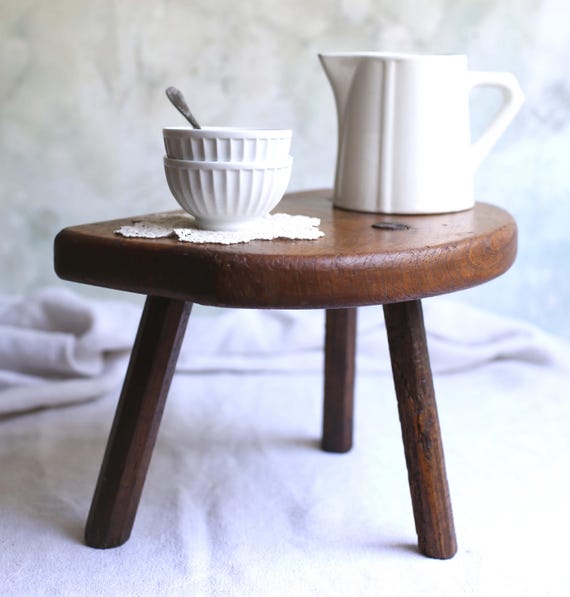 Primitive French Milking Stool Low Rustic Farmhouse Side Table Antique Oak Footstool