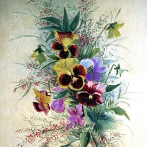 Original Français peinture à l'huile par M Carriere Art floral antique nature morte pensées image 3