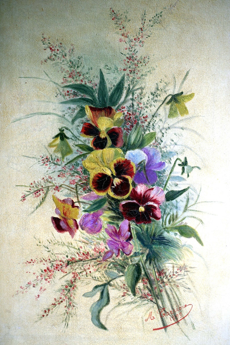 Original Français peinture à l'huile par M Carriere Art floral antique nature morte pensées image 3