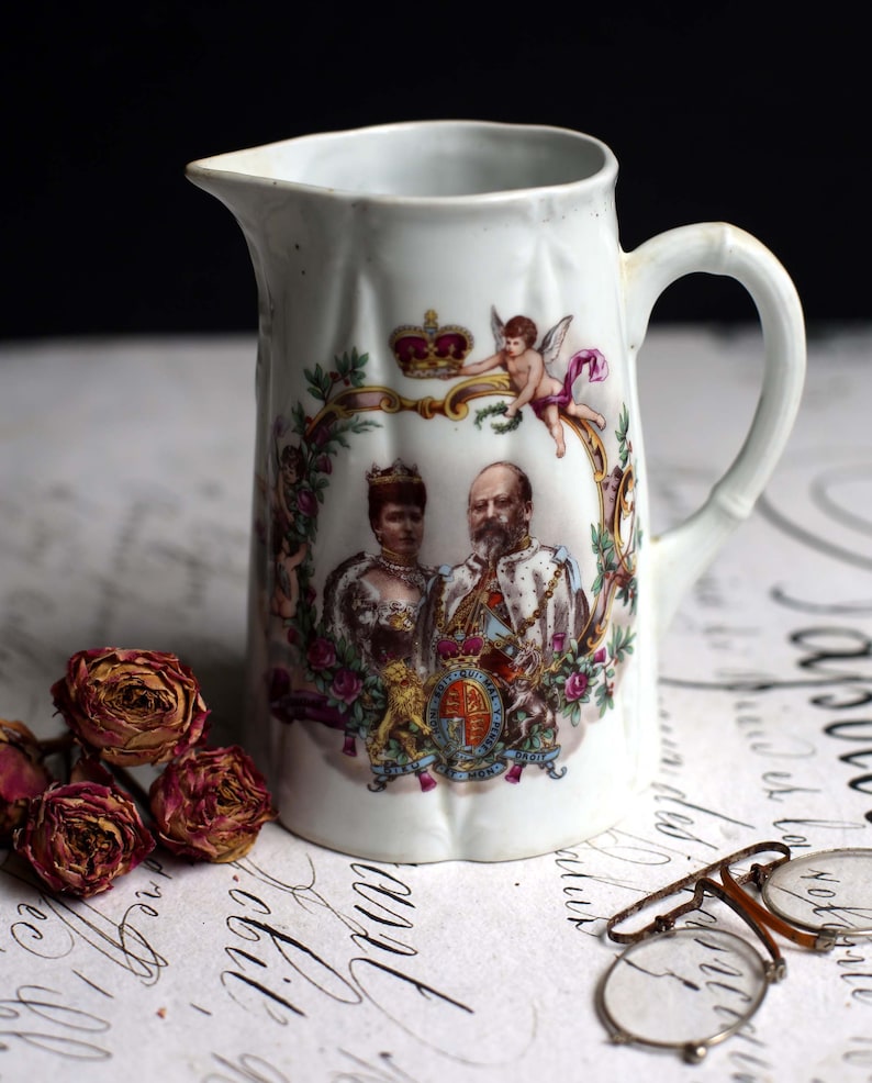 1902 Souvenir Jug Coronation of King Edward VII and Queen Alexandria Antique Porcelain Pitcher Vintage Memorabilia Royalty image 5