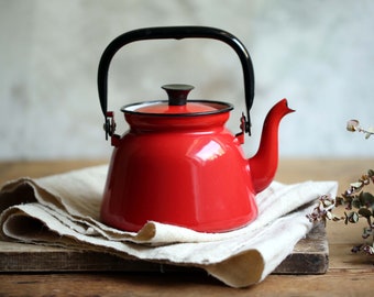 Vintage Red Enamel Kettle Enamelware Teapot