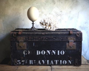 アンティーク木製ミリタリーボックス 航空連隊 WWI ブラックトランク 第一次世界大戦 収納チェスト フランス軍