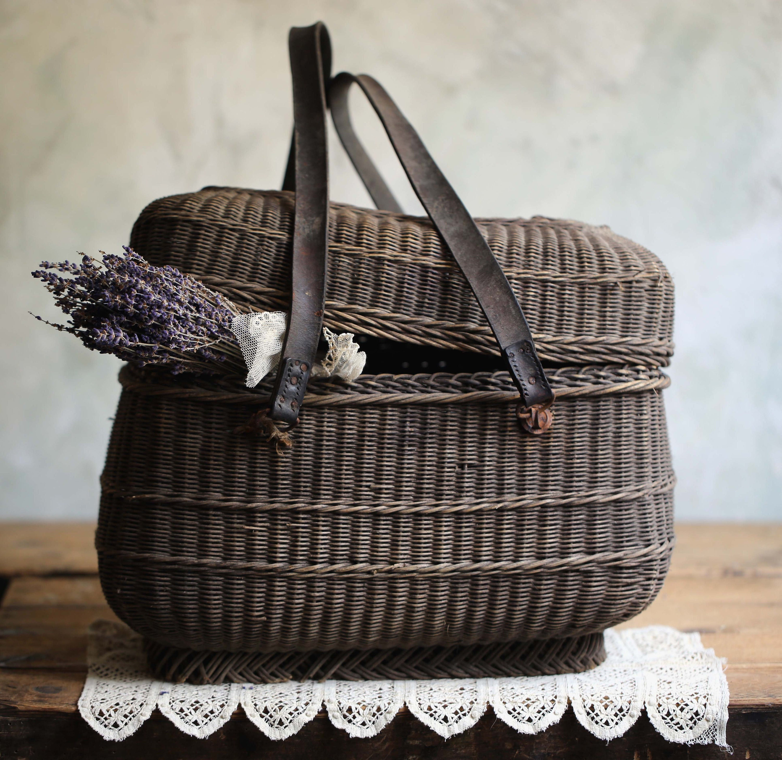 Large Antique French Fishing Basket Rustic Wicker Creel Shoulder