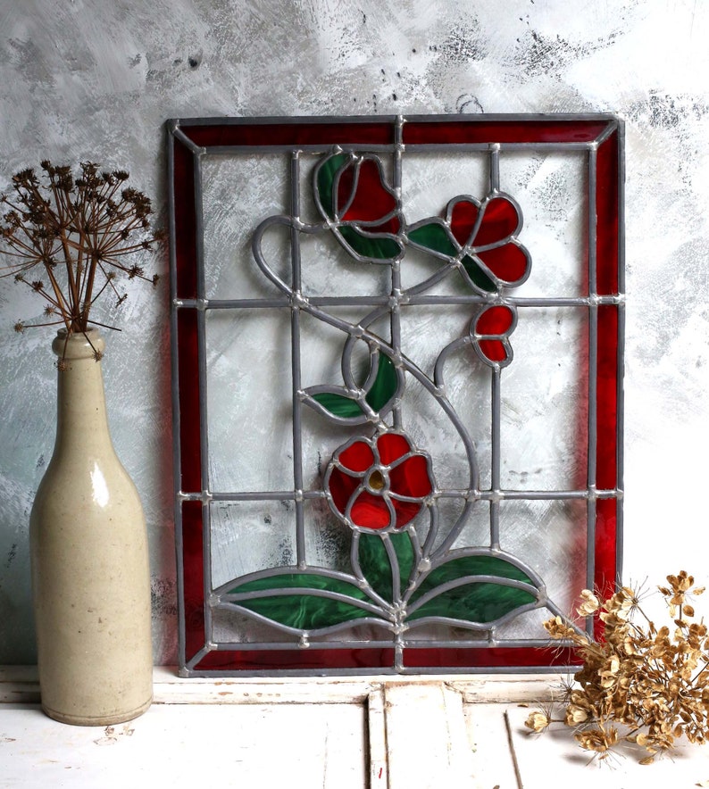 Vintage Französisch Glasmalerei Fenster Panel rot & grün
