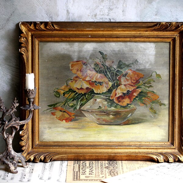 Antique French Floral Oil Painting Original Art Flowers Picture Still Life Poppies in Vase Gilded Frame