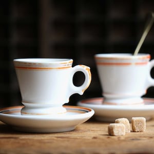 2 Antique Bistro Coffee Cups Old White with Orange Stripes Cafe Brulot Pair of Espresso Cups & Saucers image 1