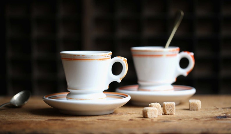 2 Antique Bistro Coffee Cups Old White with Orange Stripes Cafe Brulot Pair of Espresso Cups & Saucers image 1