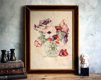 Antique French Poppies Painting Framed Floral Watercolor Art Signed Art Deco