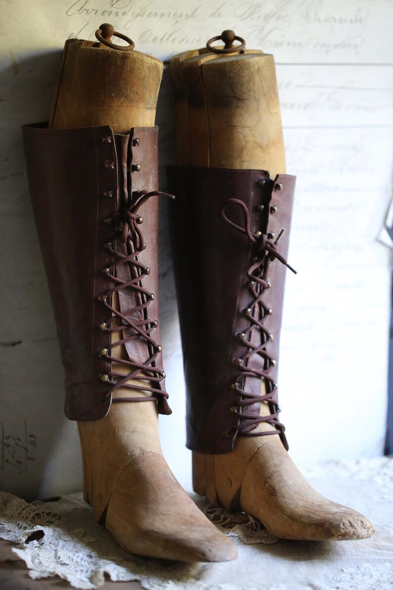 Antique French Boot Stretchers with Lace up Leather Gaiters Pair of Lasts Wooden Formers image 3
