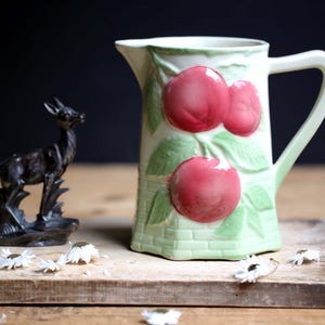 Antique French Majolica Jug Art Nouveau Ceramic Pitcher with Apples Saint Clement