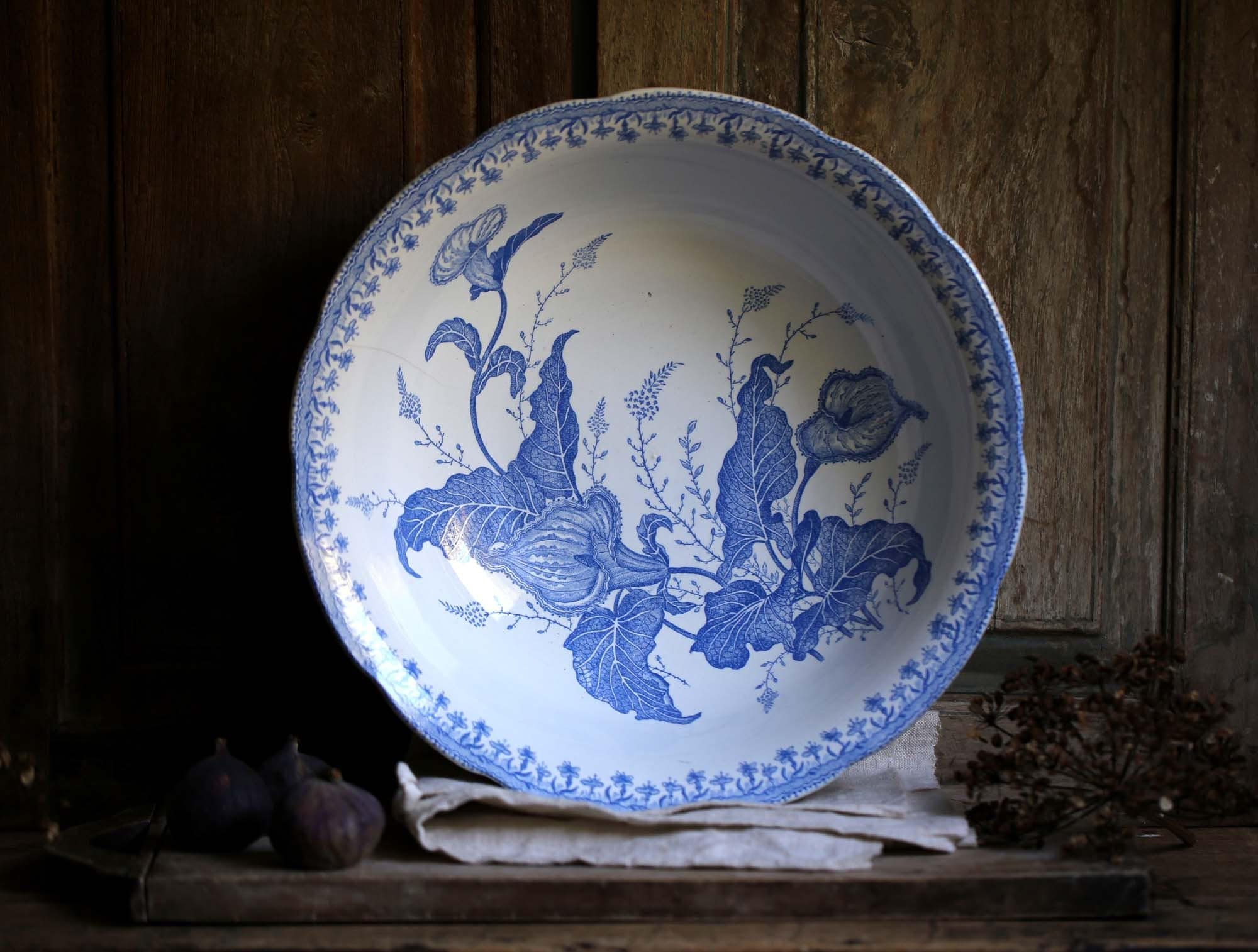 Grand Bol en Céramique Art Nouveau Antique Français Bassin de Transfert avec Fleurs Bleues Ste Amand