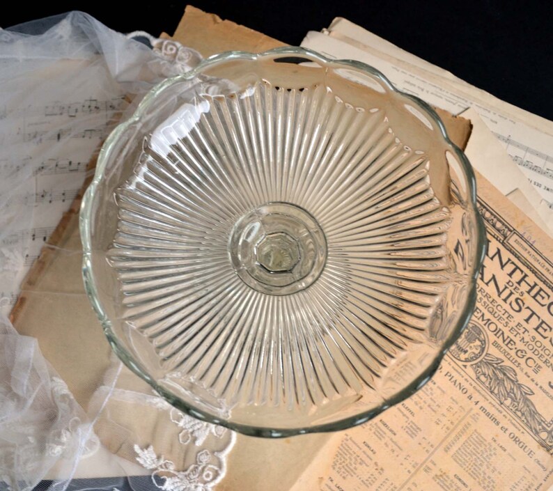 Vintage Pedestal Cake Stand Plate Molded Pressed Glass Dessert Compote Candy Display