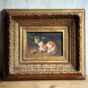 Original Kittens Oil Painting Vintage Gilt Frame Cat & Cotton Reel Art by G Homan