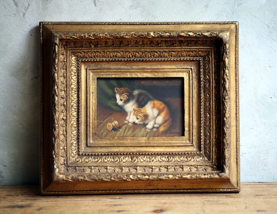 G Homanによるオリジナルの子猫の油絵ヴィンテージ金箔フレーム猫と