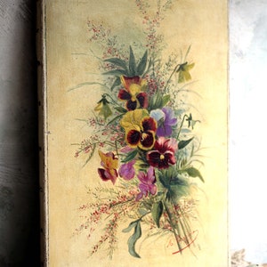 Original Français peinture à l'huile par M Carriere Art floral antique nature morte pensées image 2