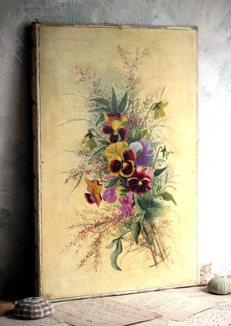 Original Français peinture à l'huile par M Carriere Art floral antique nature morte pensées image 2