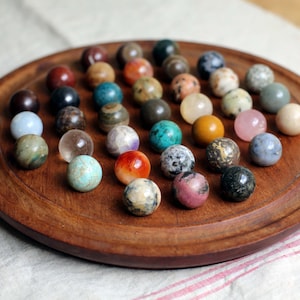 Antique French Solitaire Game Semi Precious Stones Wooden Board Large Marbles