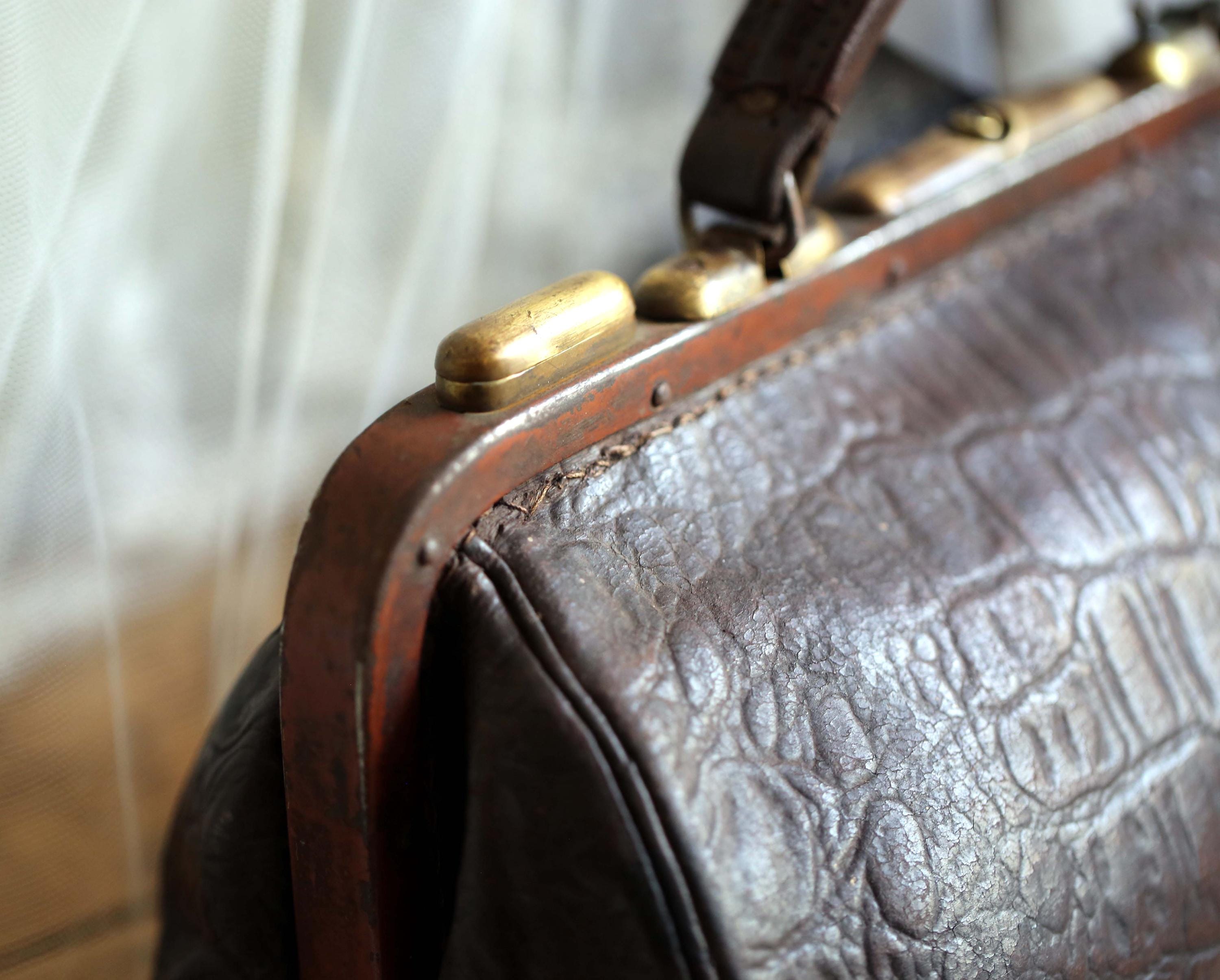 Antique French Leather Doctor Bag Brown Battered Old Frame Handbag