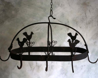 Large Antique Pan Rack French Hanging Black Wrought Iron Kitchen Hanger Oval Metal Utensil Display Hooks With Chickens
