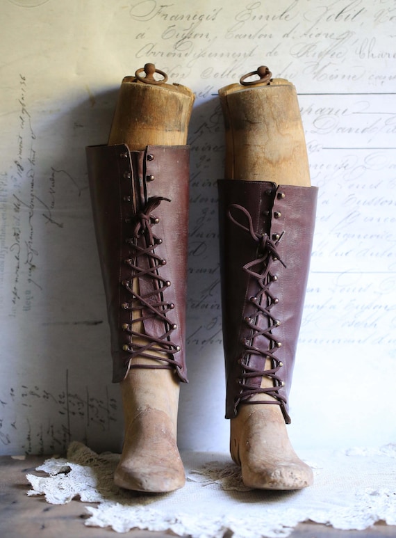 Antique French Boot Stretchers with Lace up Leather Gaiters Pair of Lasts Wooden Formers