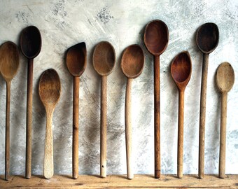 Collection of 10 Wooden Spoons Vintage French Kitchen Vintage Rustic Farmhouse Cooking Mixing Spoons Shabby French Vintage