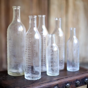 Puede incluir: Colección de seis botellas de vidrio transparente de varios tamaños. Algunas botellas tienen marcas de medición y texto. Las botellas están dispuestas sobre una superficie marrón oscuro, con un fondo de madera borroso.