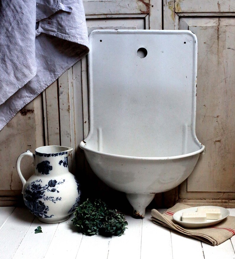 Antique Enamel Wall Mounted Sink Wash Bowl Enamelware Vintage Etsy