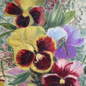 Original Français peinture à l'huile par M Carriere Art floral antique nature morte pensées image 4